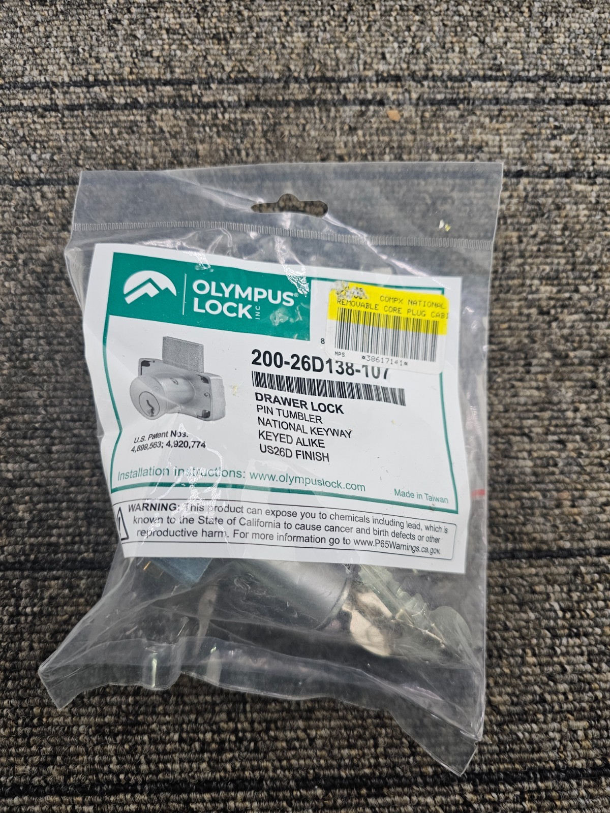 Olympus Lock 200-26D138-107: Drawer Lock Pin Tumbler Keyed Alike National Keyway