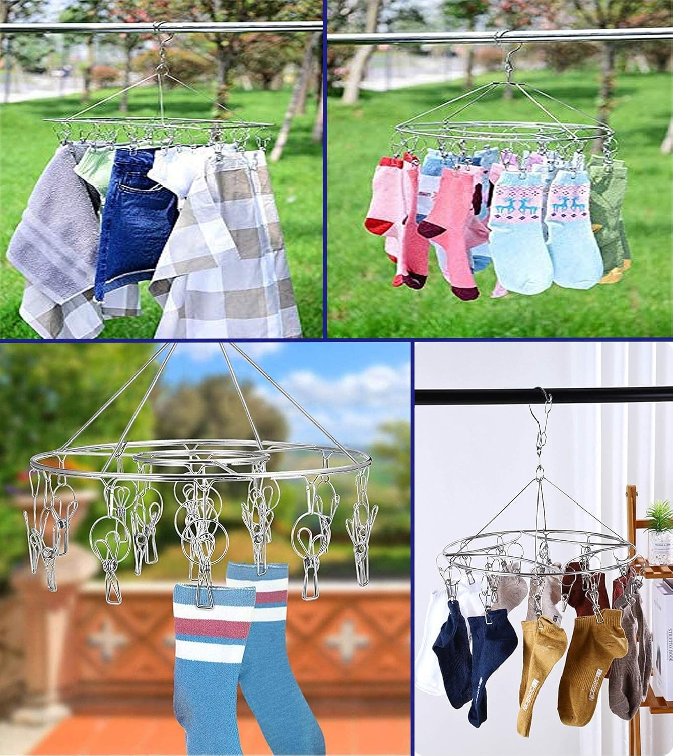 2 Pack Stainless Steel round Hanging Drying Rack with 20 Clips for Laundry