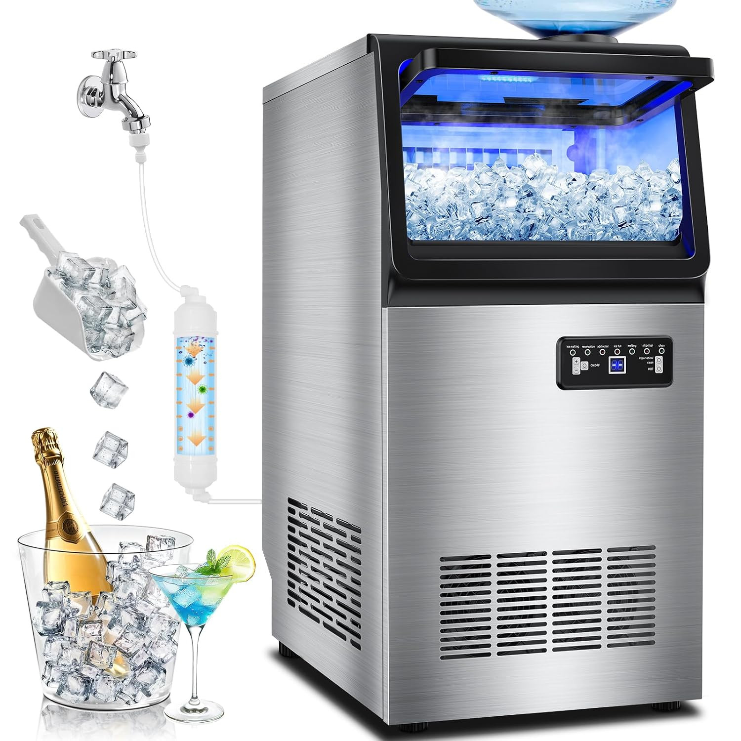 Commercial Ice Maker Machine 150LBS/24H, Dual Water Inlet Options, Stainless Ste