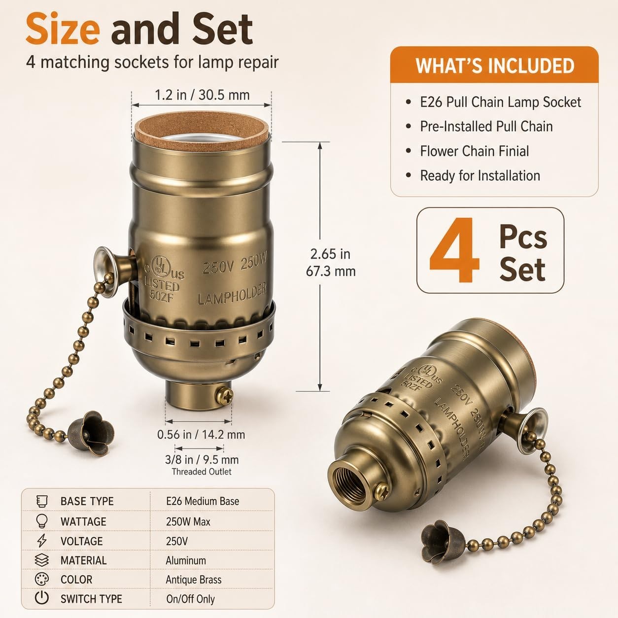 4 Pcs Pull Chain Lamp Socket Replacement, E26 Standard Threaded Base, Light Soc