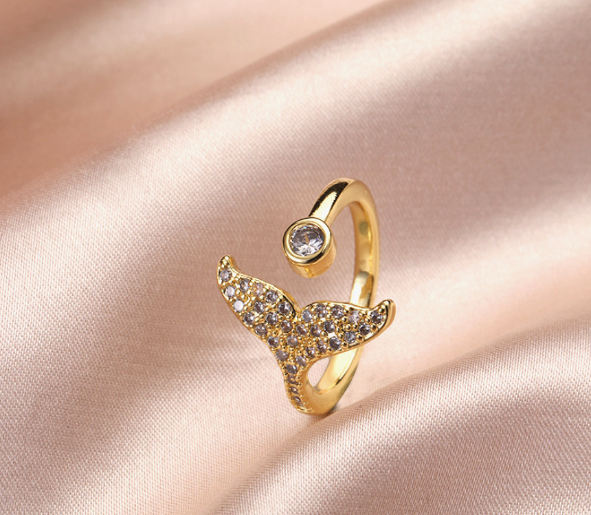 Gold  Fish Mermaid Tail Pave Cubic Zirconia Adjustable Band Ring