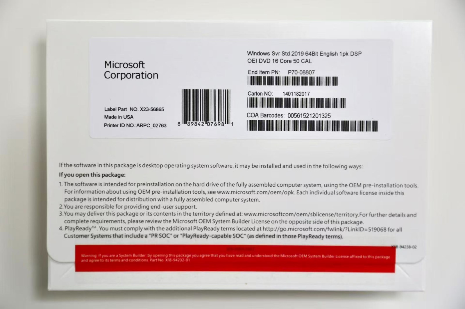Microsoft Windows Server 2019 Standard 64Bit 16 Core-50 CALs DVD With Key Sealed