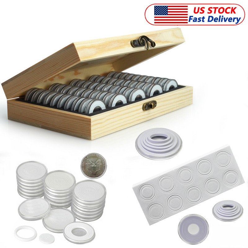 50-Capsule Wooden Coin Holder–Storage Box with Plastic Protectors for Coins