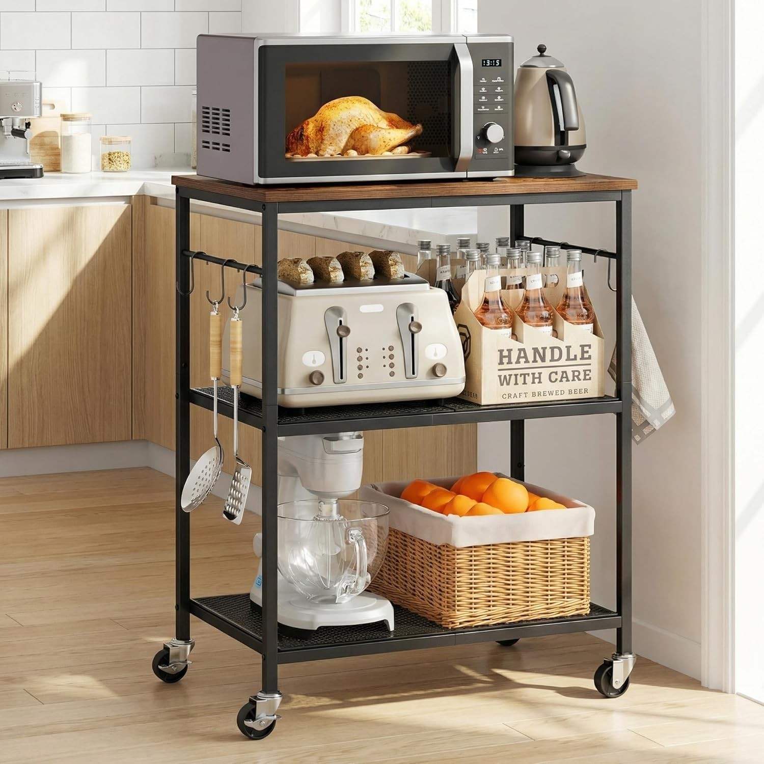 3-Tier Rolling Kitchen Microwave Cart Kitchen Utility Cart on Lockable Wheels