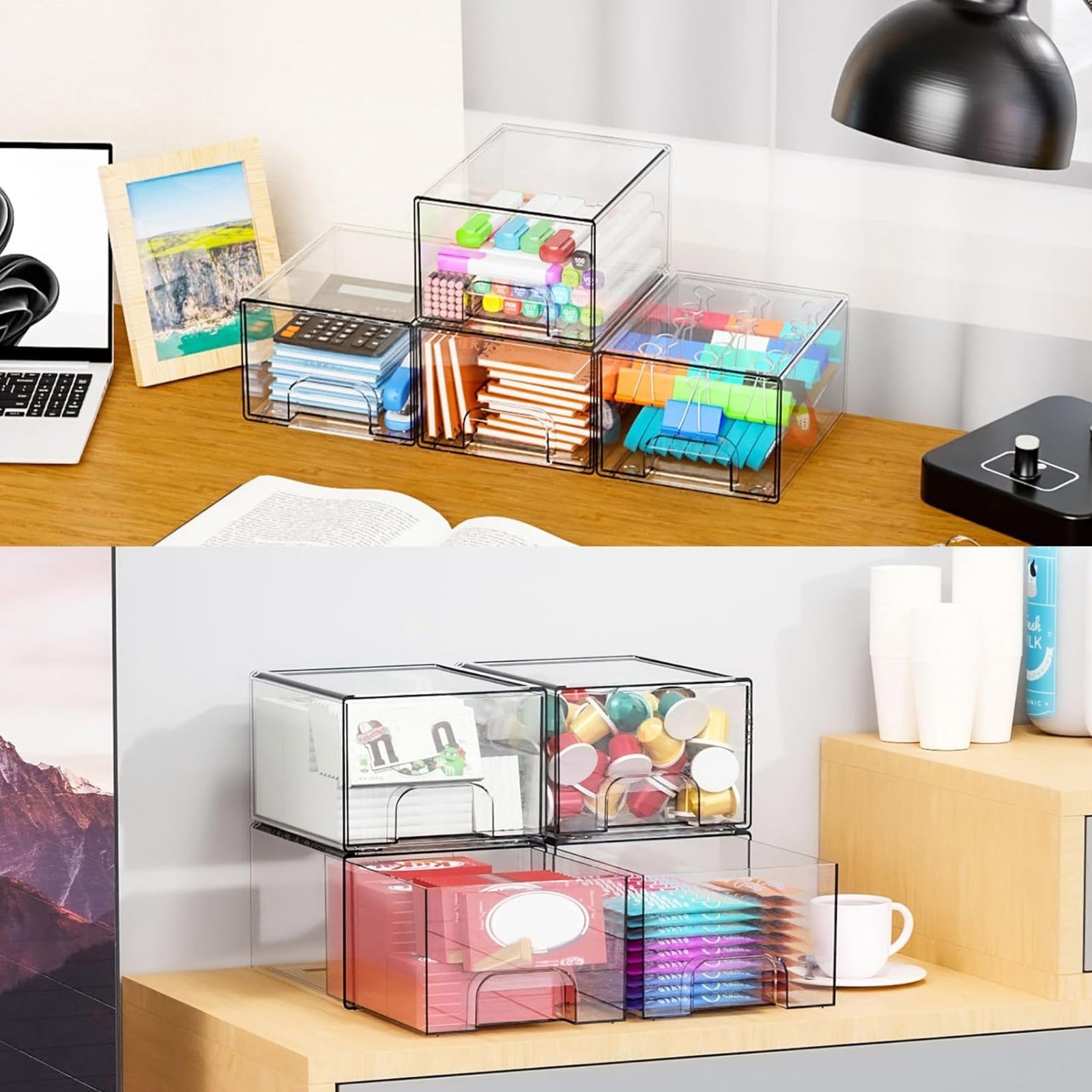 4 Pack Acrylic Stackable Drawer Storage Desktop Organizer Bins for Bathroom