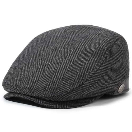 Men's Newsboy Hat with Earflaps Flat Ivy Cap Cabbie One Size Grey Herringbone