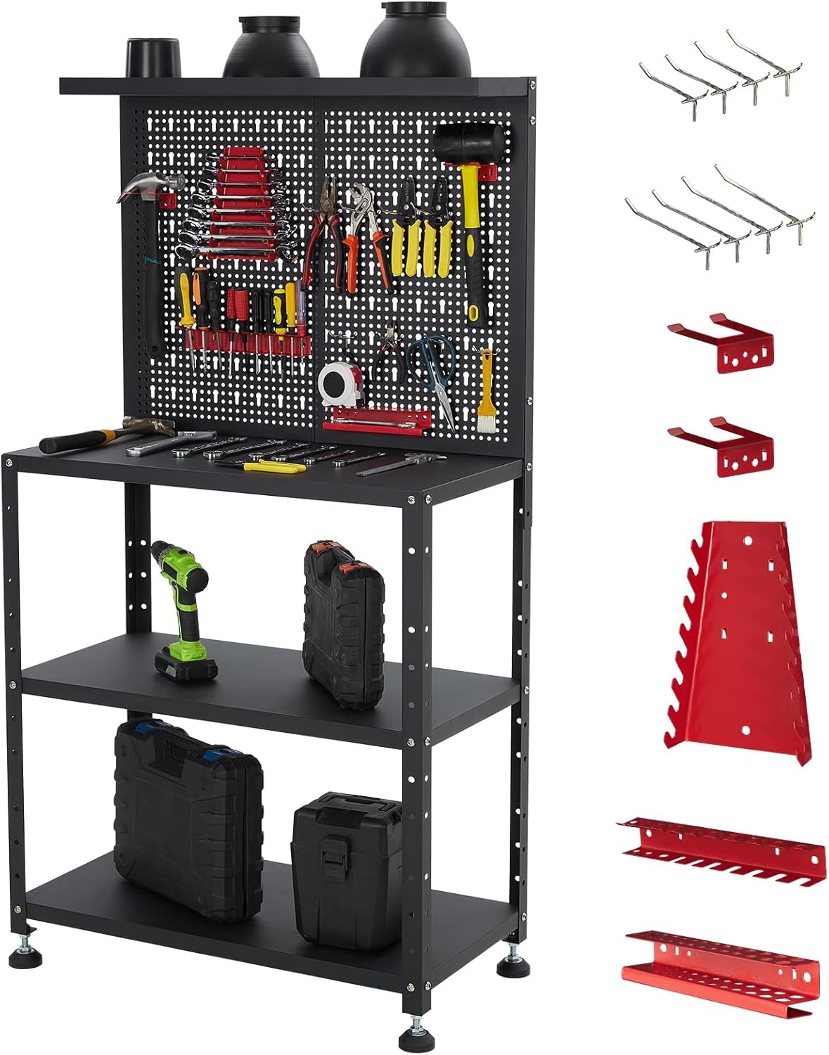 Workbench with Pegboard 32" Tool Organizer Metal Work Table Shelves Tool Holders