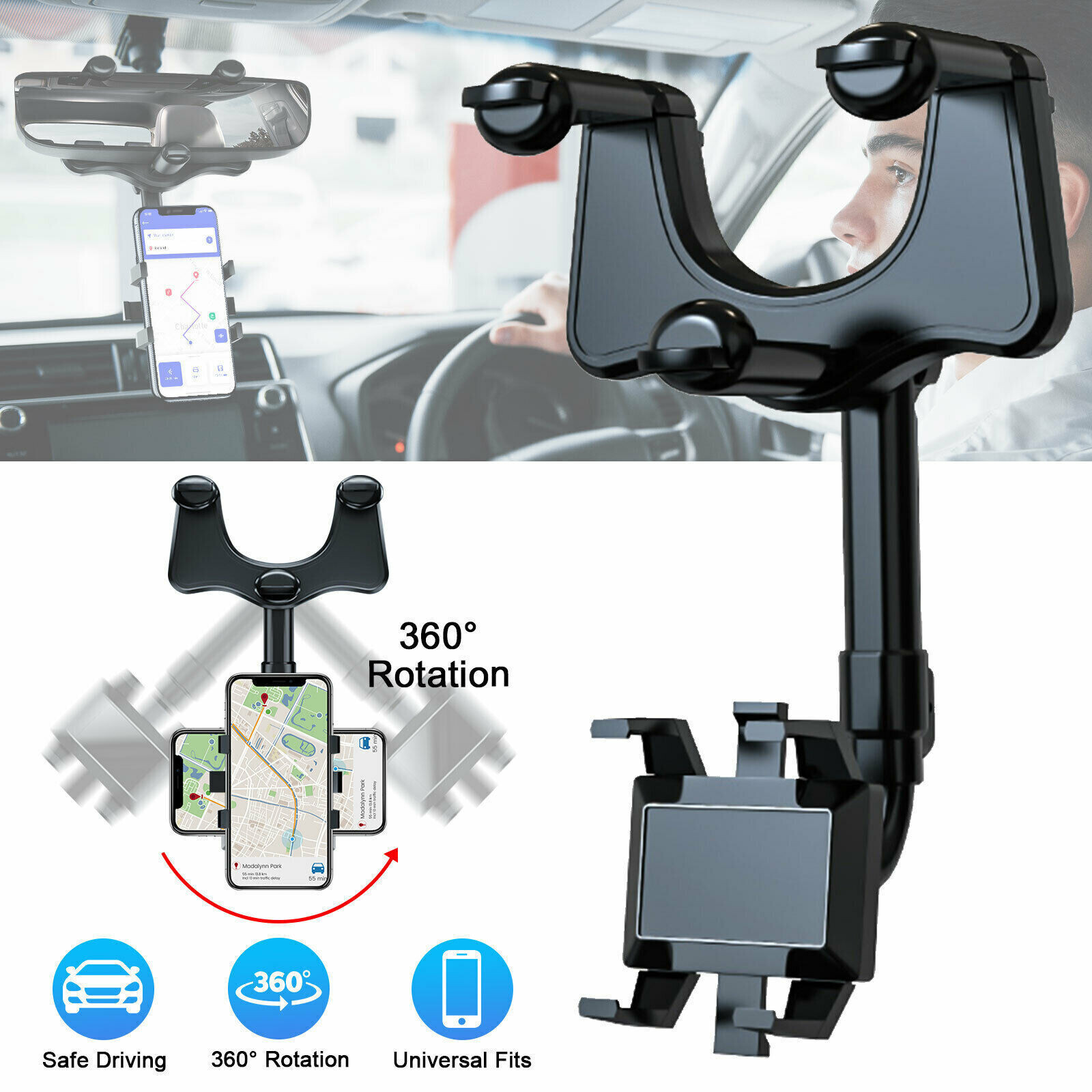 360° Car Phone Holder Rotatable And Retractable Rearview Mirror Mount Universal