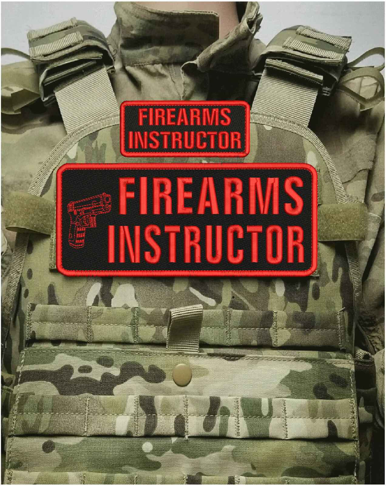 FIREARMS INSTRUCTOR  EMB PATCH 4X10 AND 2X5 VELCR@ ON BACK RED ON BLACK