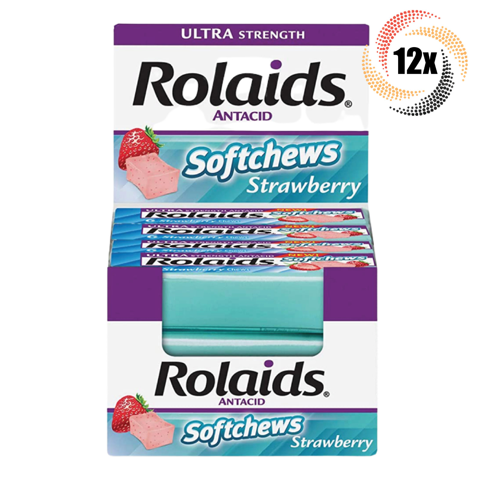 Full Box 12x Rolls Rolaids Ultra Strength Antacid Strawberry Softchews | 6 Each