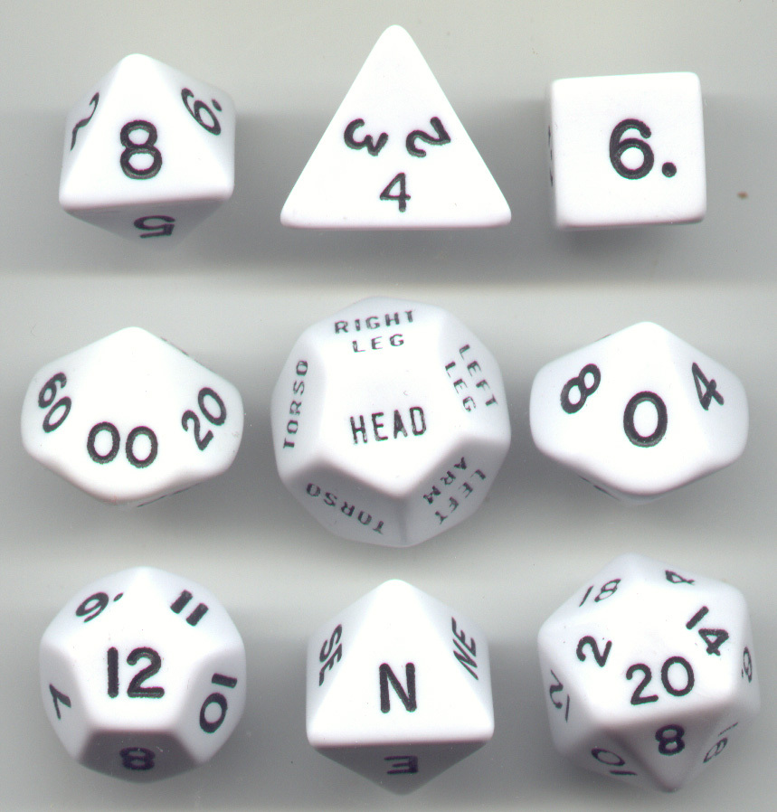 NEW RPG Opaque White Dice Cube 9pc D20, D12, D10, D8, D6, D4, Compass, Hit loc.