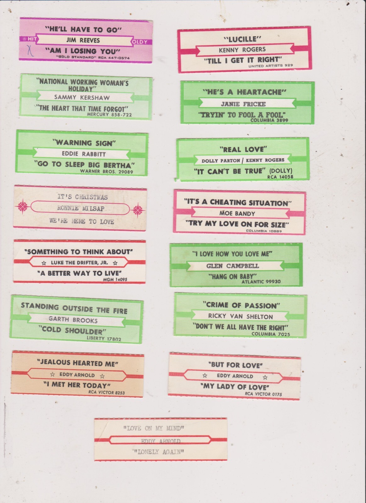 15 COUNTRY JUKEBOX TITLE STRIPS LOT 1.FREE SHIPPING IN U S