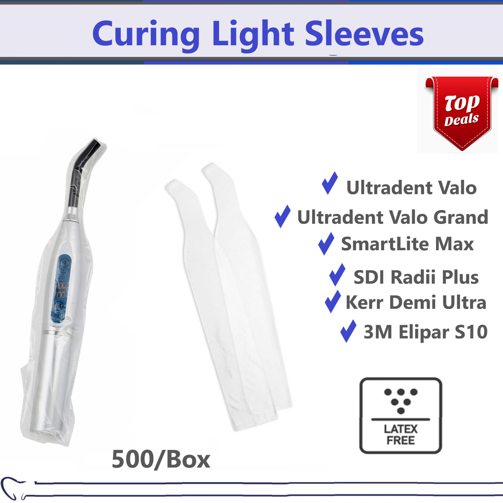 Dental Curing Light Cover Sleeve For Ultradent Valo, etc Plastic Covers - 500/Bx