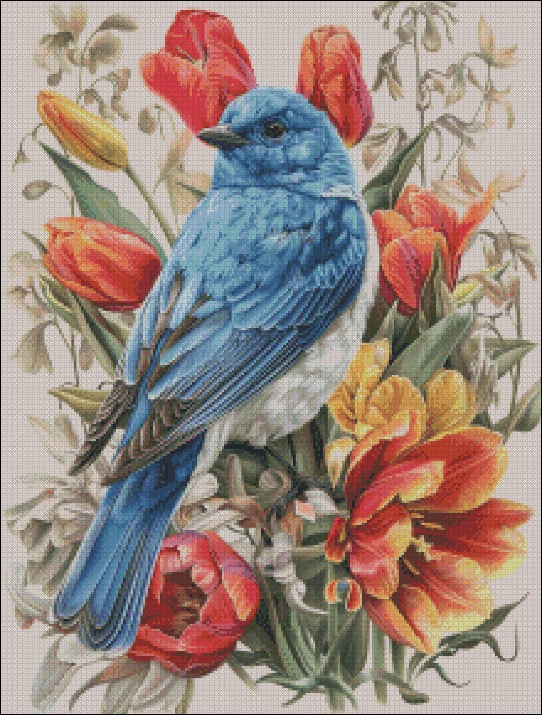 Blue Bird - Tulip - DIY Chart Counted Cross Stitch Patterns Needlework DMC Color