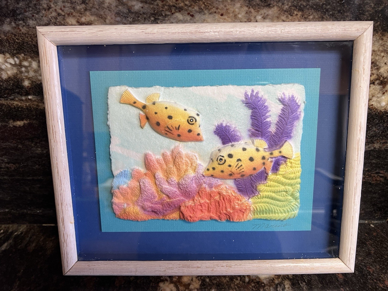 Figi Graphics Hand Cast Paper Tropical Fish & Coral Signed Marino Framed Vintage