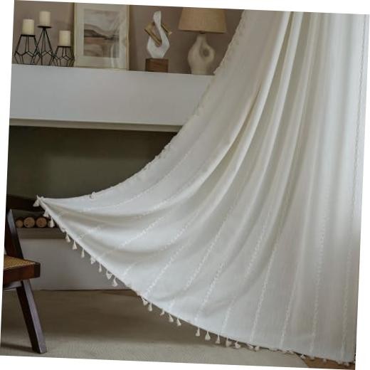 White Boho Curtains Linen-Textured for 52"W x 63"L (Pack of 2) Cream White