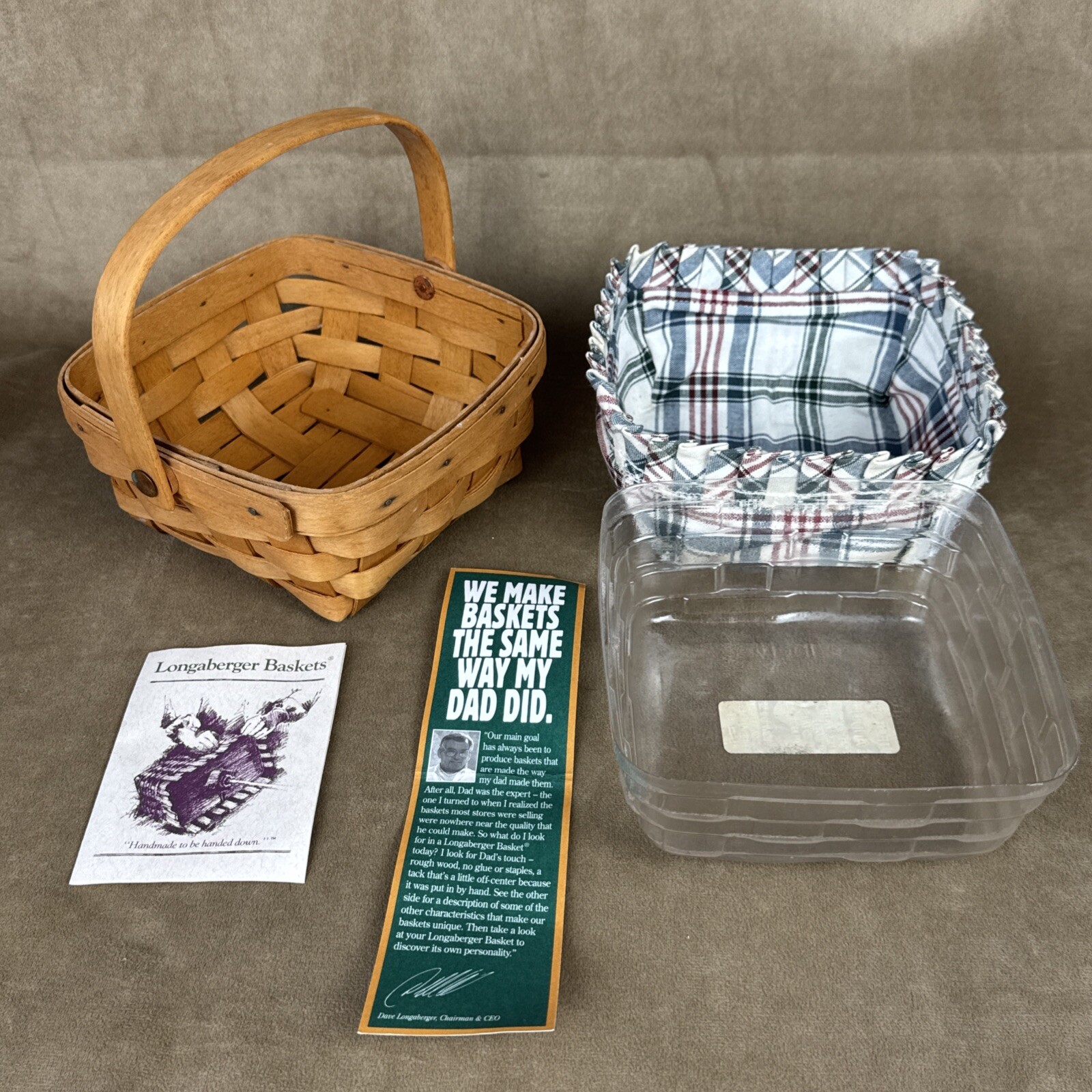 Vintage Longaberger Small Berry Basket + Plaid Liner & Protector 6"x6"x3"