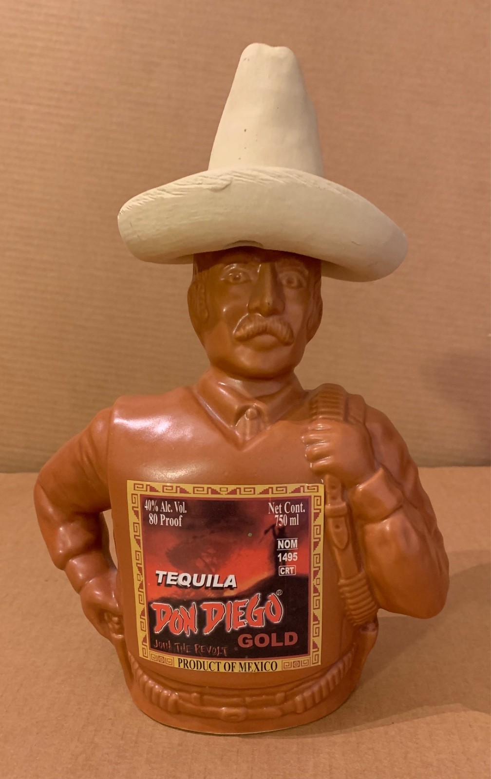 Empty Tequila Bottle & Hat - Don Diego Gold Ceramo Mex Ceramic - Join The Revolt