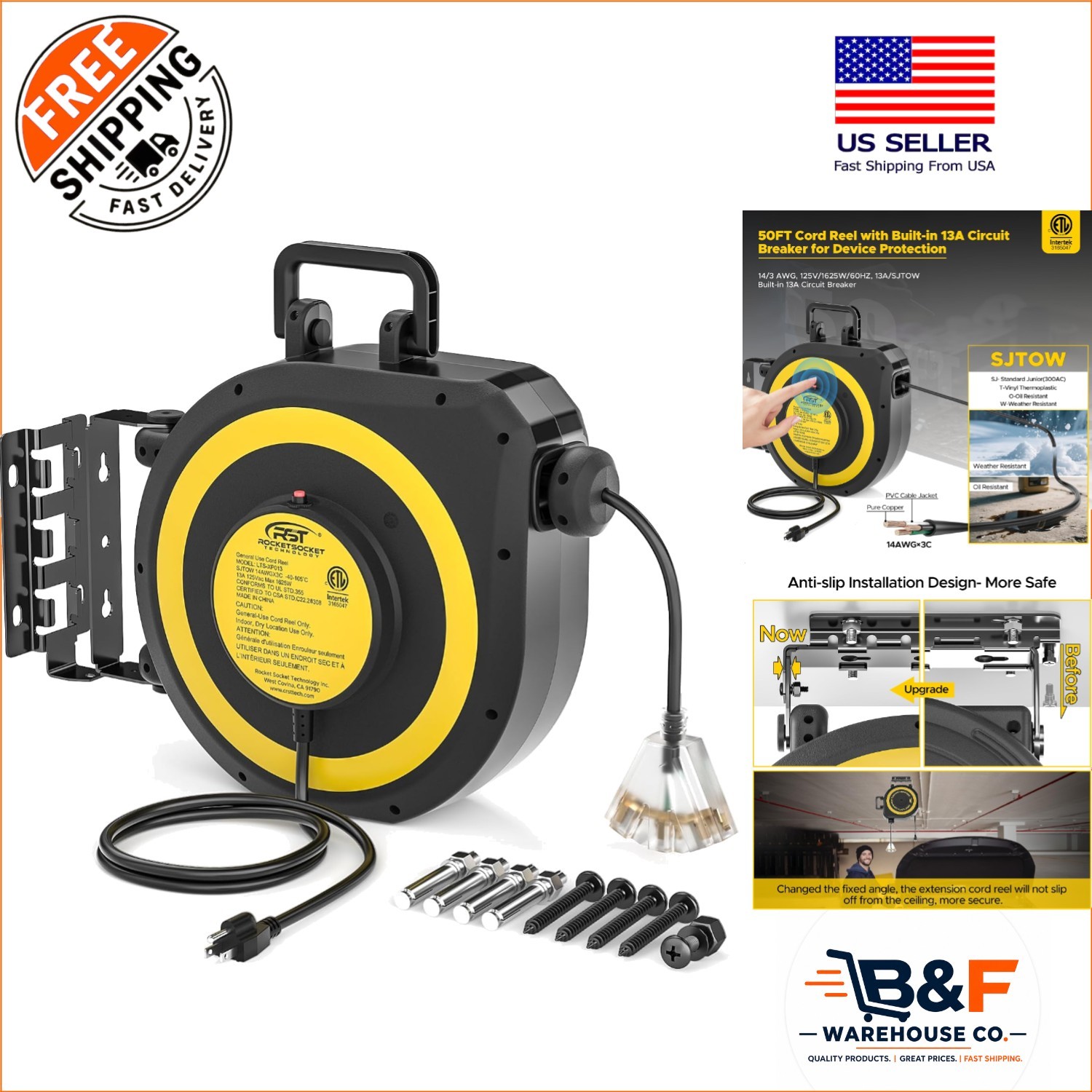 50 FT Heavy Duty Extension Cord Reel with Lighted Tap & Circuit Breaker