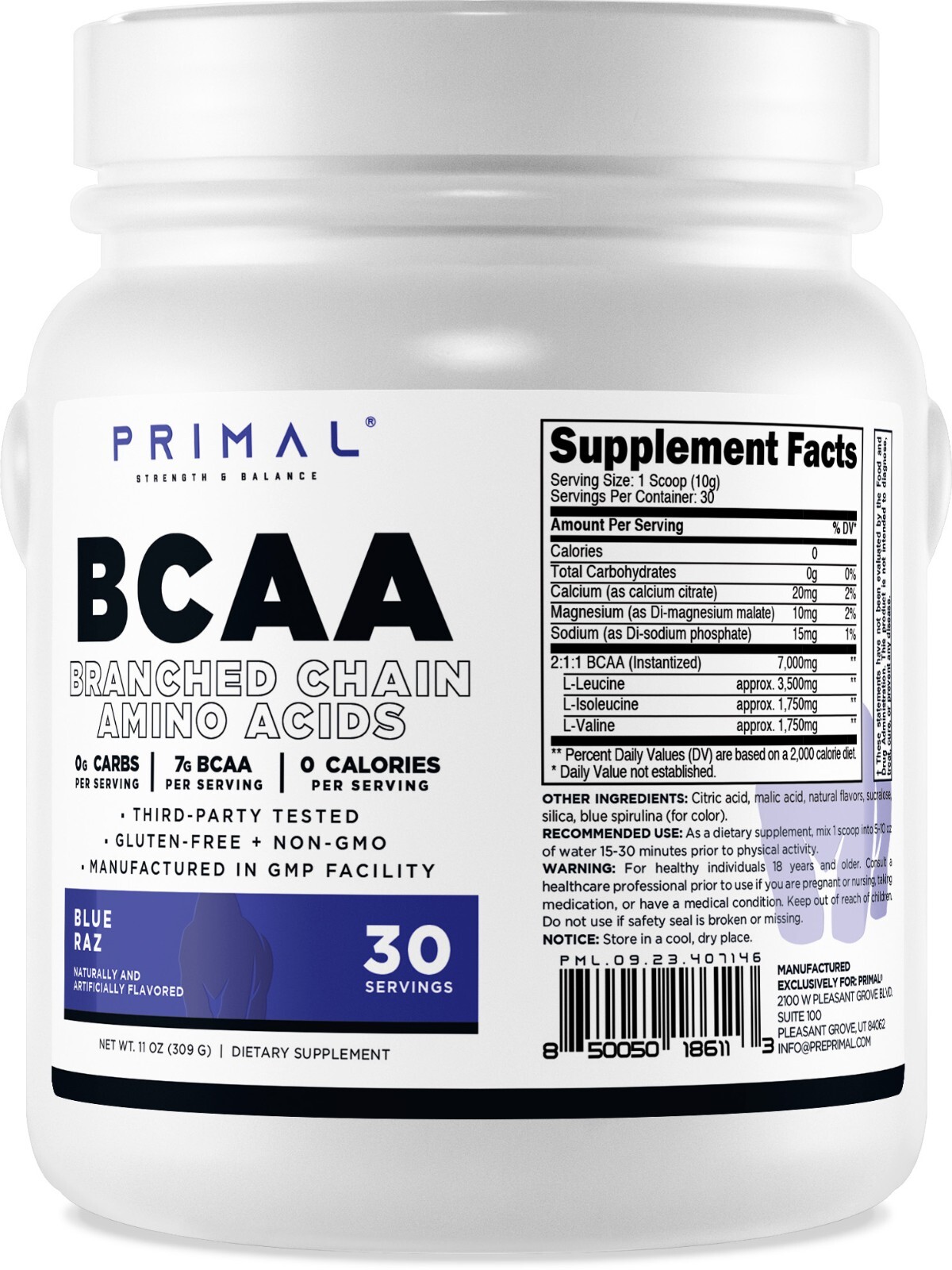 Primal BCAA Powder Blue Raz (30 SERV) (Blue Raspberry Flavored) - 0 g Carbs