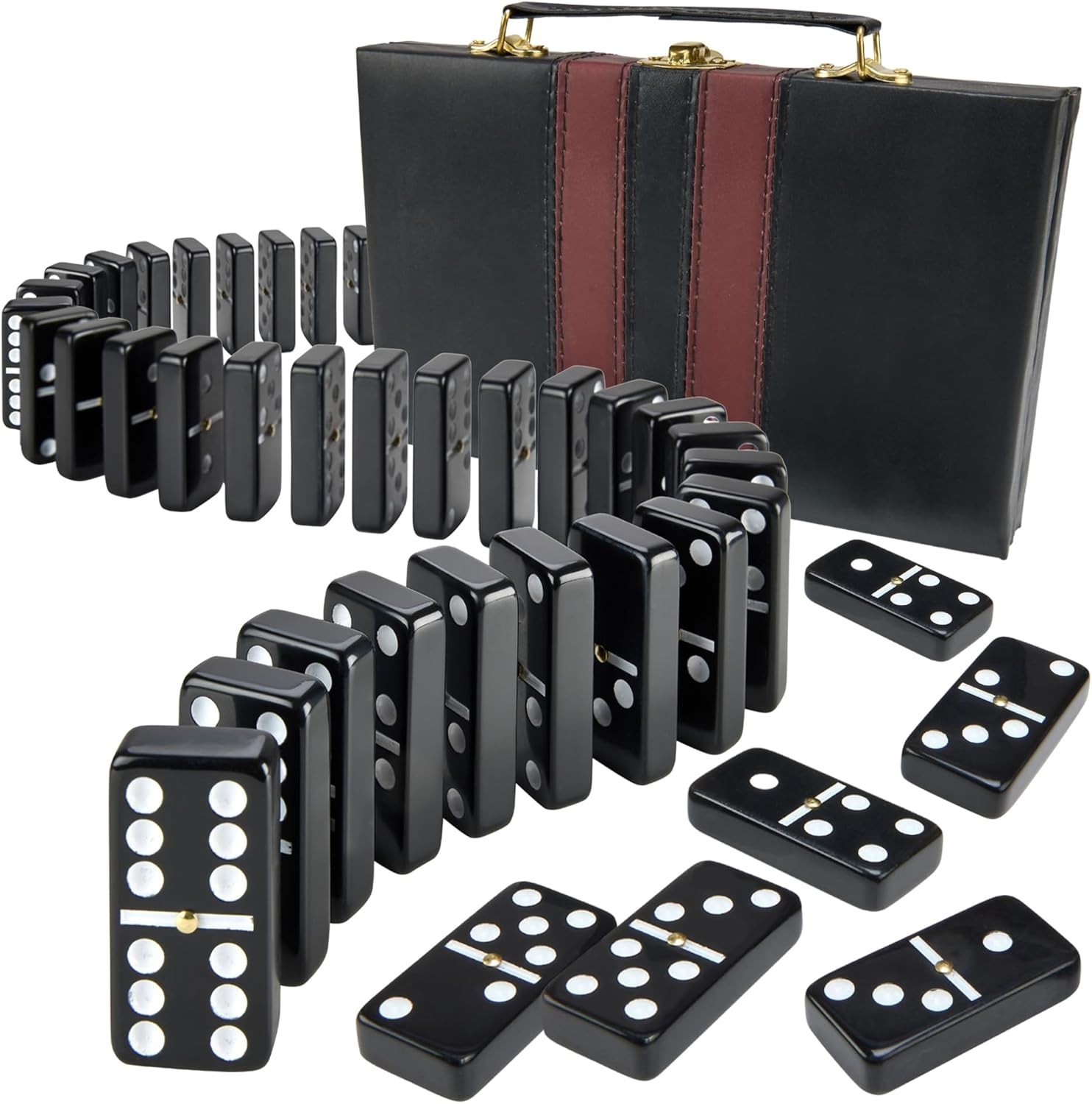Jumbo Double Six Dominoes Set - 28 Black Classic Tiles in Faux Leather Case - Fu
