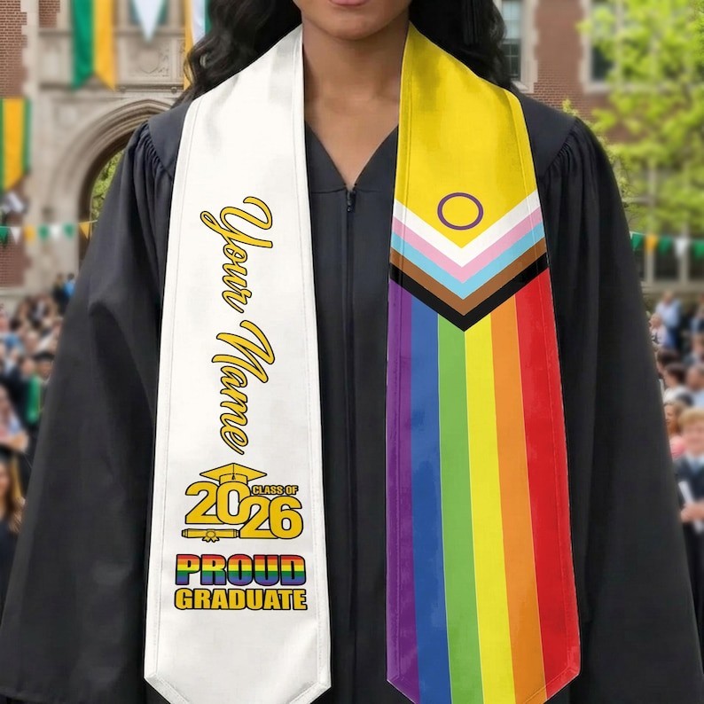 Progress Pride Graduation Stole 2026 Personalized, LGBTQ Grad Sash with Name, Pr