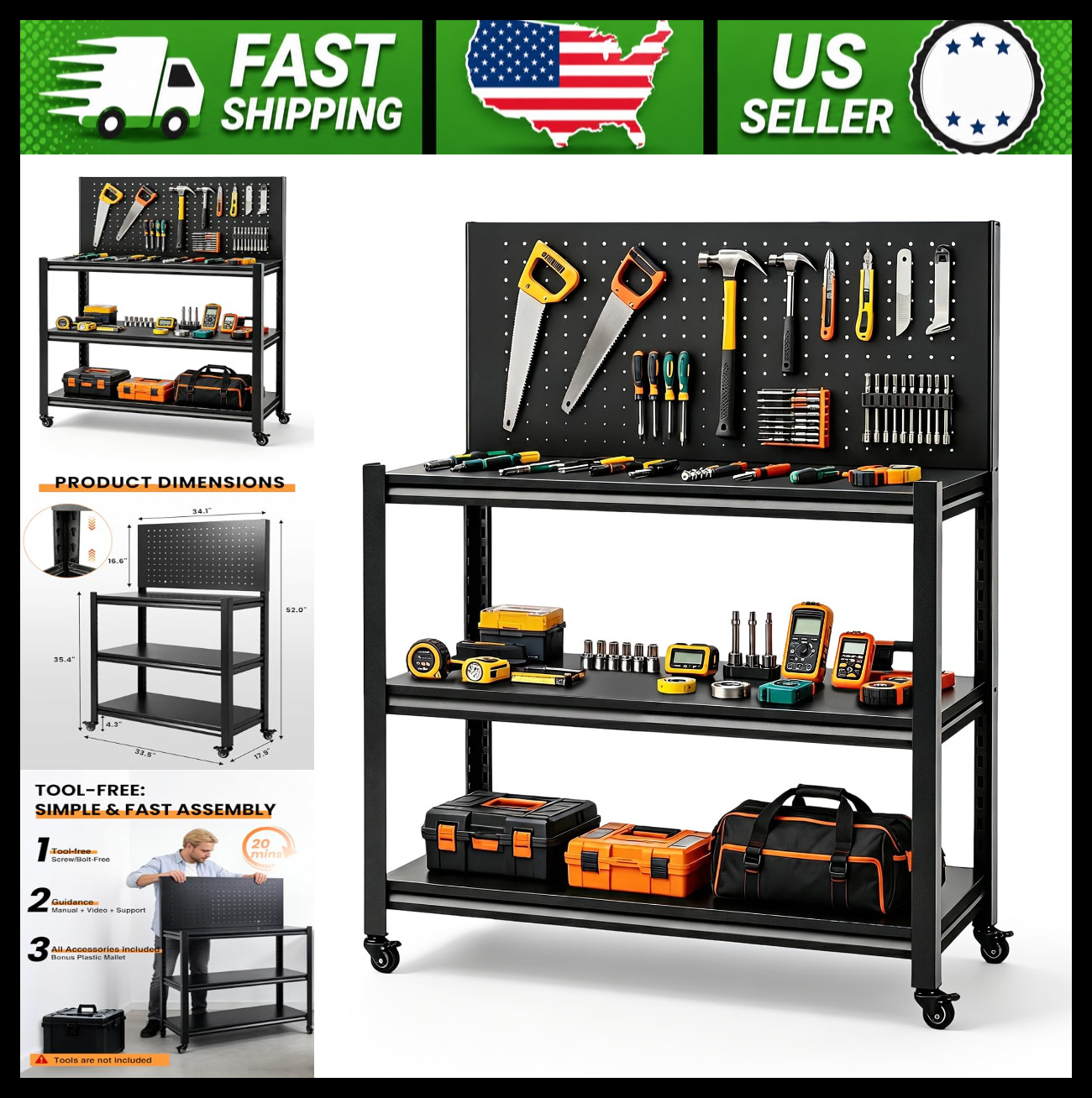 52" Adjustable Rolling Workbench with Pegboard and Lockable Wheels