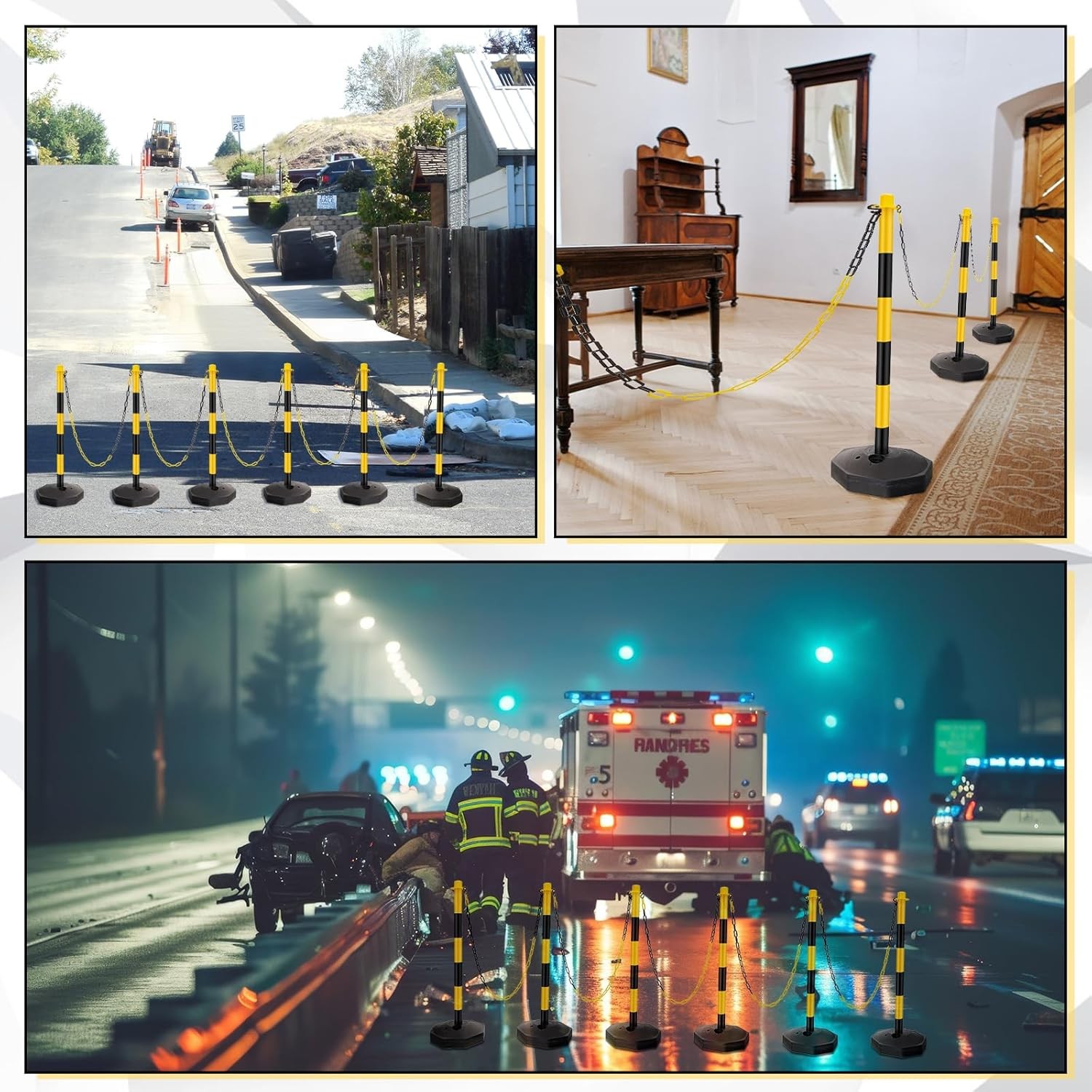 6 Pack Traffic Cones Adjustable Delineator Post Portable Parking Pole W/ Chains