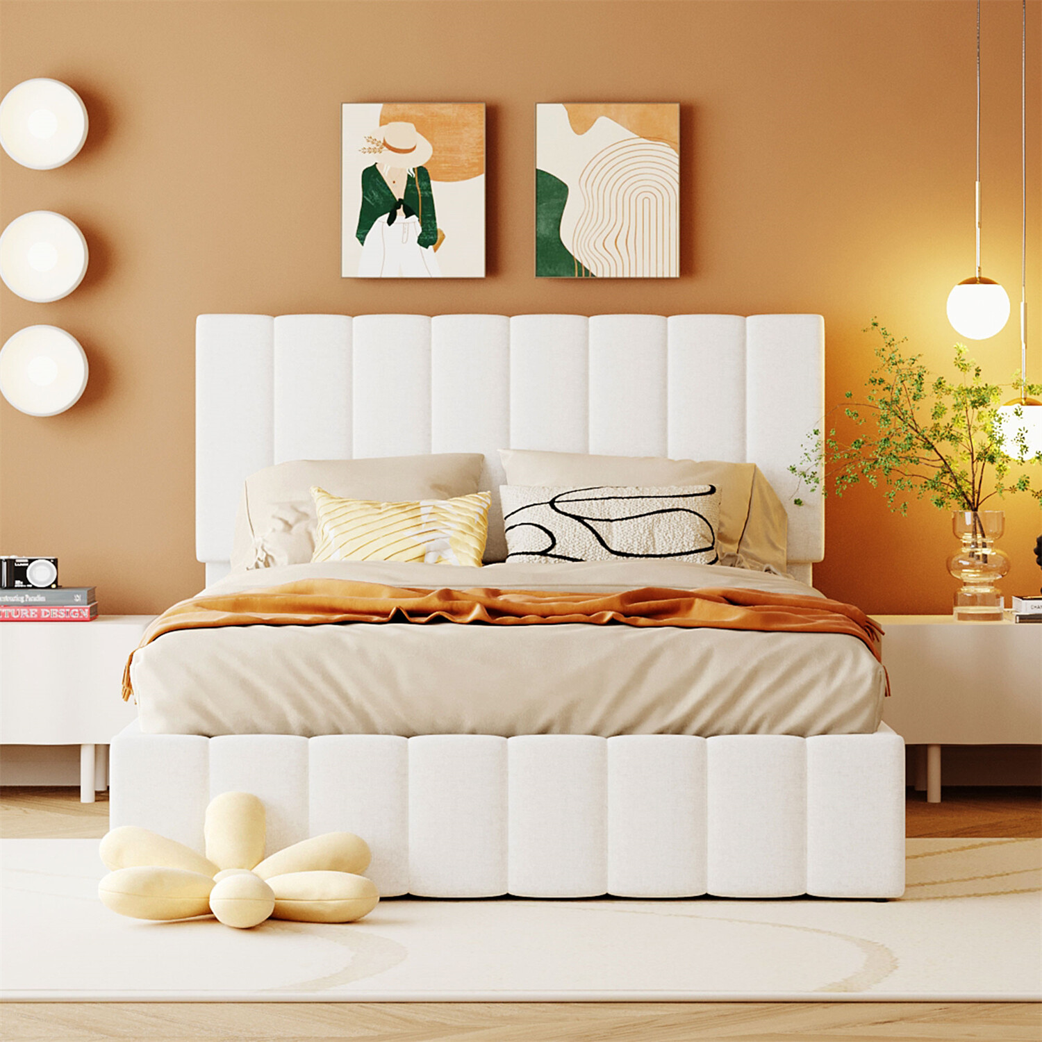 Full Size Upholstered Platform Bed Frame with Hydraulic Storage System White New