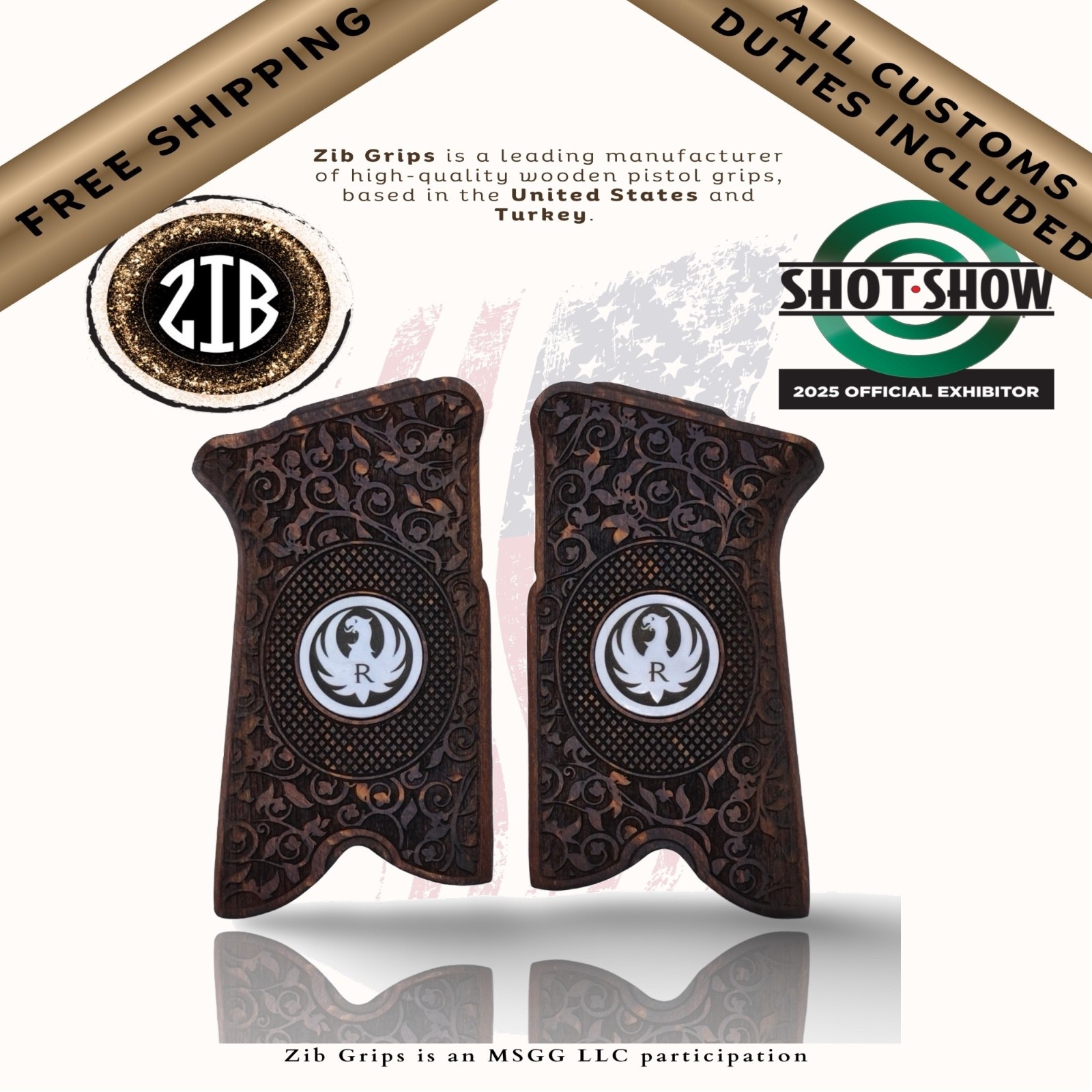 ZIB GRIPS Ruger P85, P89, P90, P91 Beech Wood Flower Design Inox Metal Medallion