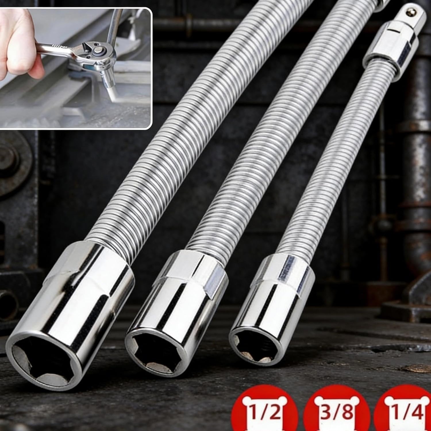 Flexible Socket Extension Rod Set, 1/4", 3/8", 1/2" Drive Adapter Kit
