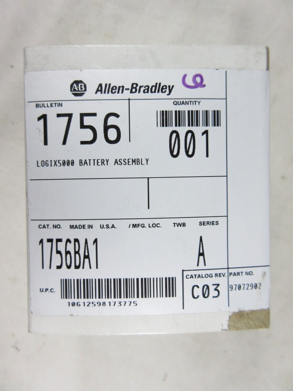 Allen Bradley, ControlLogix, Battery Assembly, 1756-BA1, New, Sealed Box