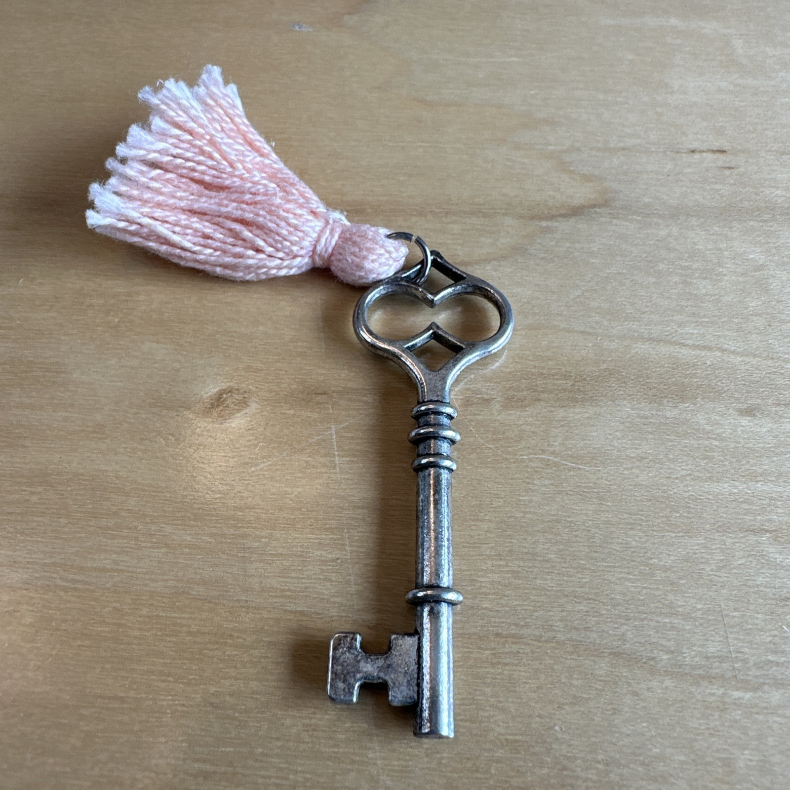 Skeleton Key With Pink/Peach Tassel Silver Tone Key