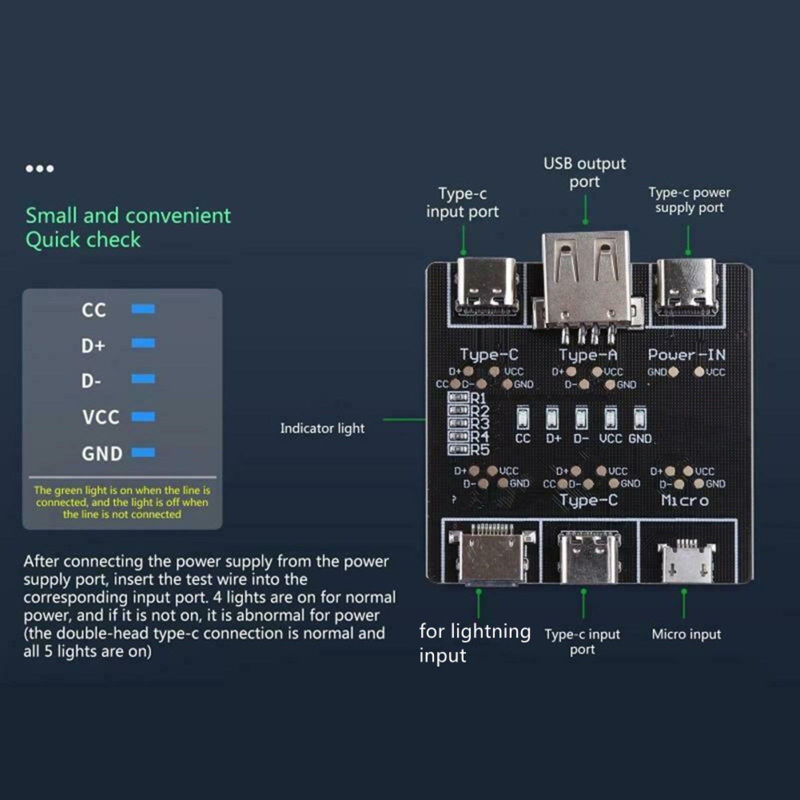 DT3 USB Data Cable Tester Fast Detecter Tool PCB Board For iPhone Micro Type C