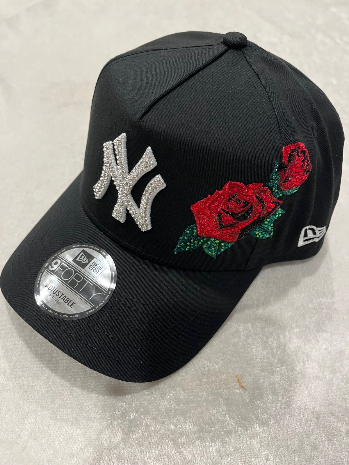 NY YANKEES Black Bling Red Rose Hat Hand Jeweled with Swarovski Crystals 350+