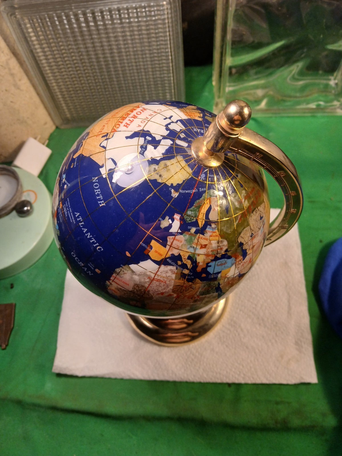 Gemstone 12 " Globe Brass Stand Spins Lapis Lazuli & Other Semi-precious Stones
