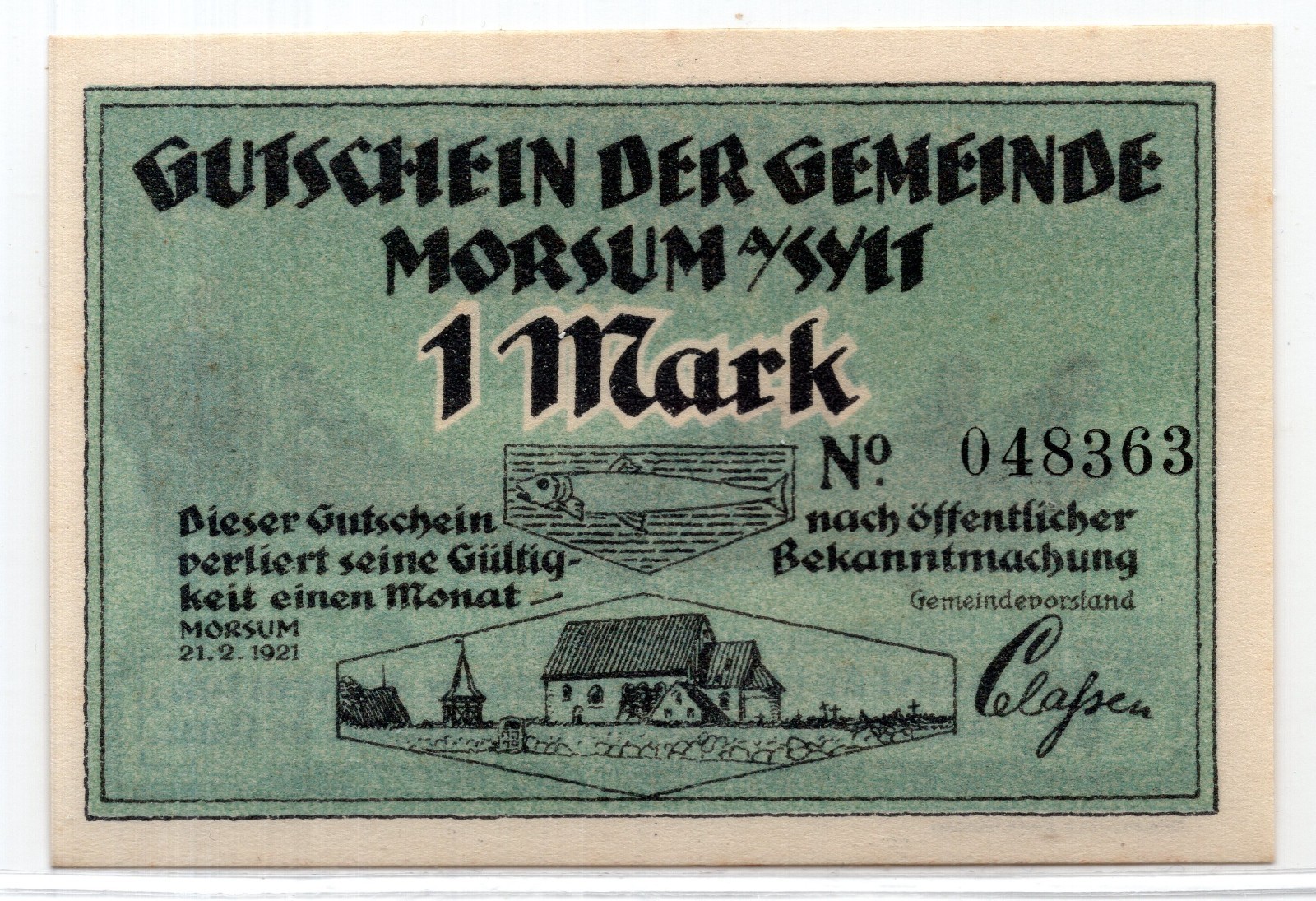 1921 Germany Morsum Notgeld 1 Mark Note (2733)