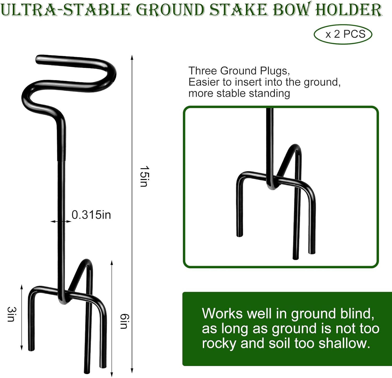 2 Pack Ground Blind Bow Holder with Rubber Coated, Rustproof Hunting Compound