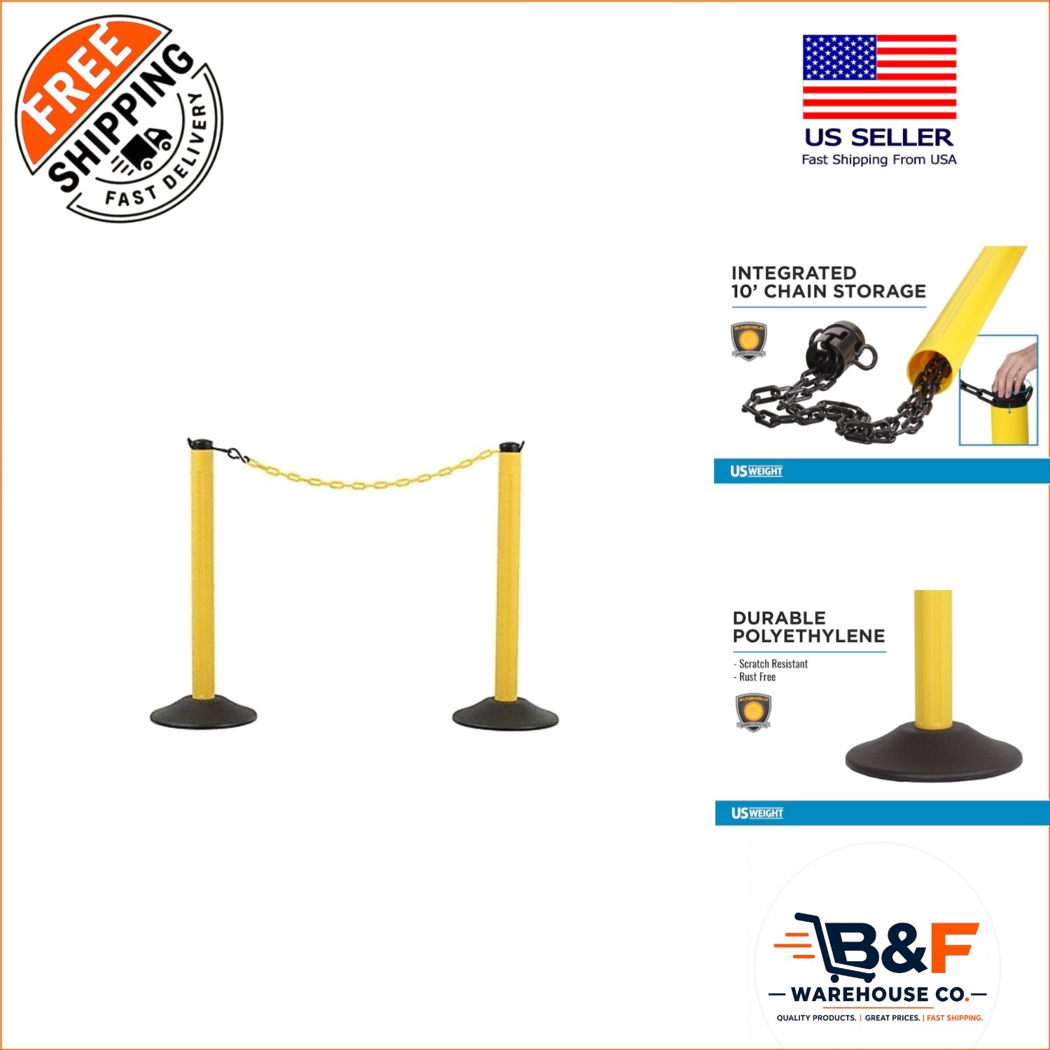 Versatile Yellow Stanchion with 10' Durable Plastic Chain for Indoor/Outdoor Use