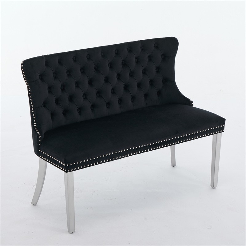 2-Seat Tufted Bench Velvet Upholstered Dining Seating w/Wing Back & Silver Legs