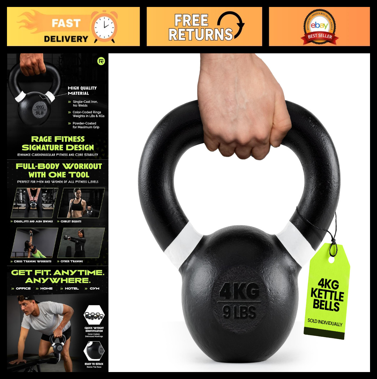 Cast Iron Kettlebell - Powder Coated, Wide Handle for Core & Glute Workouts, Str