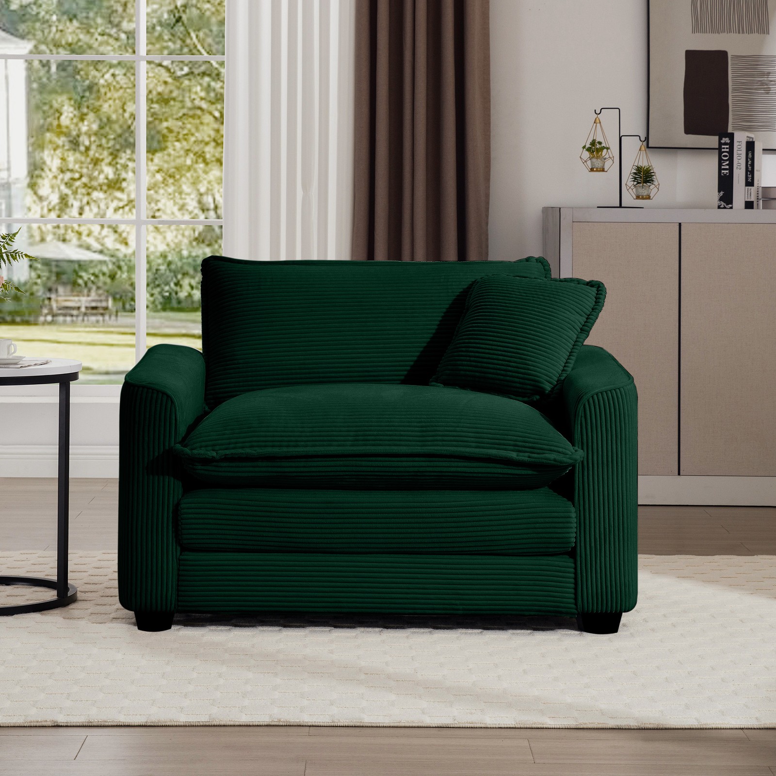 Green Corduroy Fabric, Comfortable Single Chair Deep Seat Sofa With One Pillow
