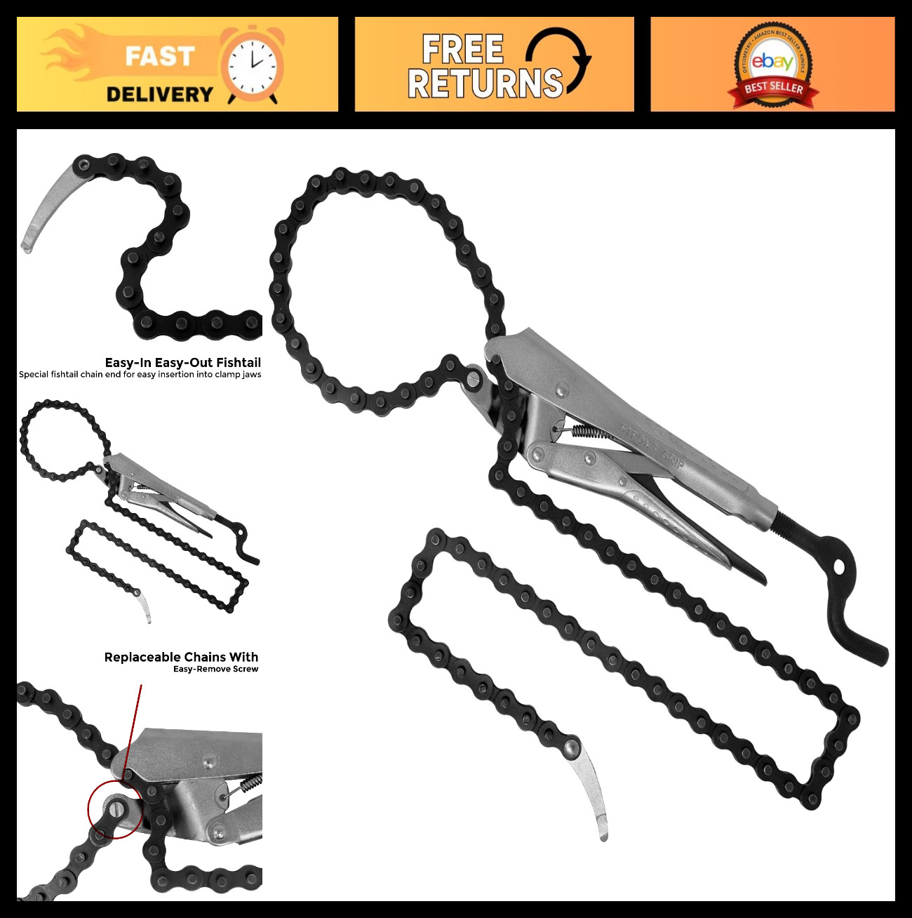Locking Chain Pliers with 48" Removable Chain, Easy Open Crank Handle, Quick Rel