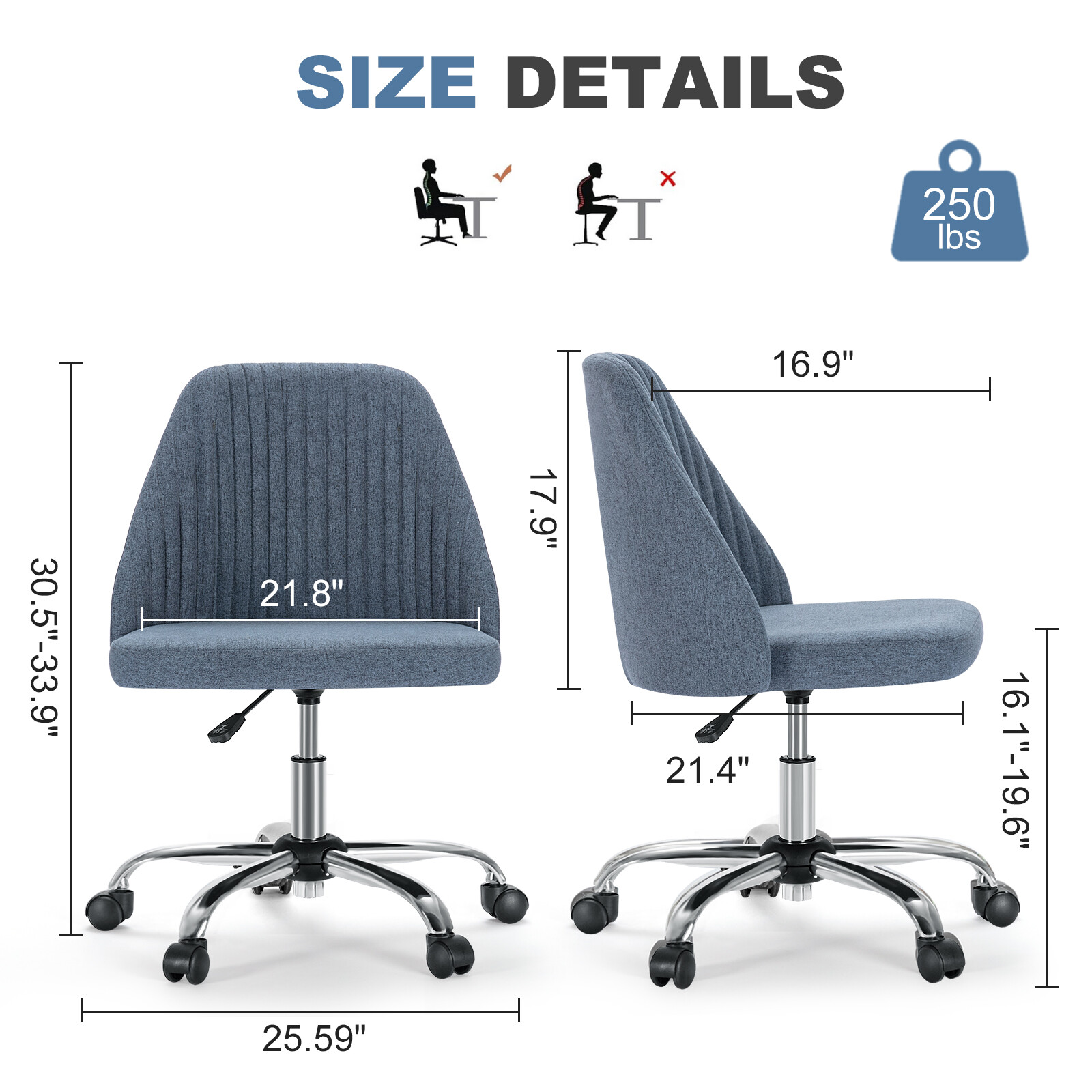 Office Chair Armless Chairs Cute Fabric Desk Adjustable Height Swivel Wheel