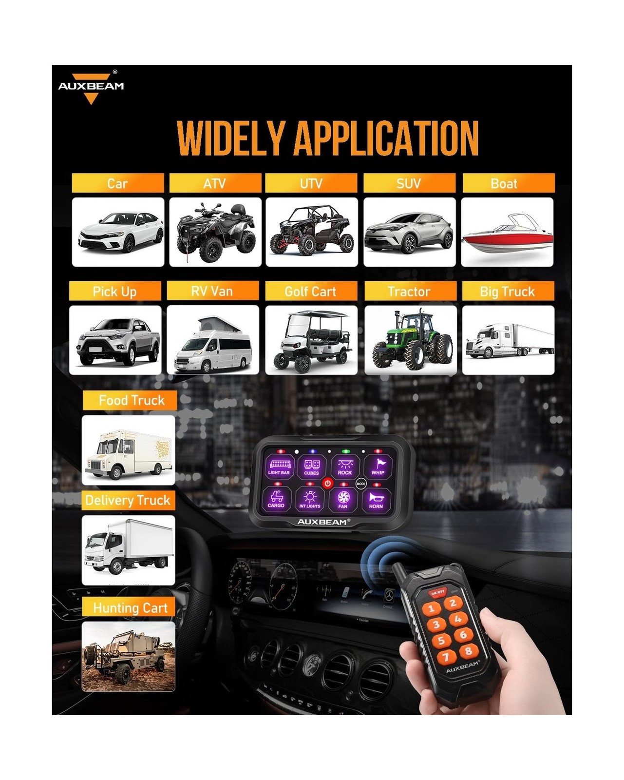 Auxbeam 8 Gang Switch Panel RC-800 Control Range Up to 165FT Easy Control | T...