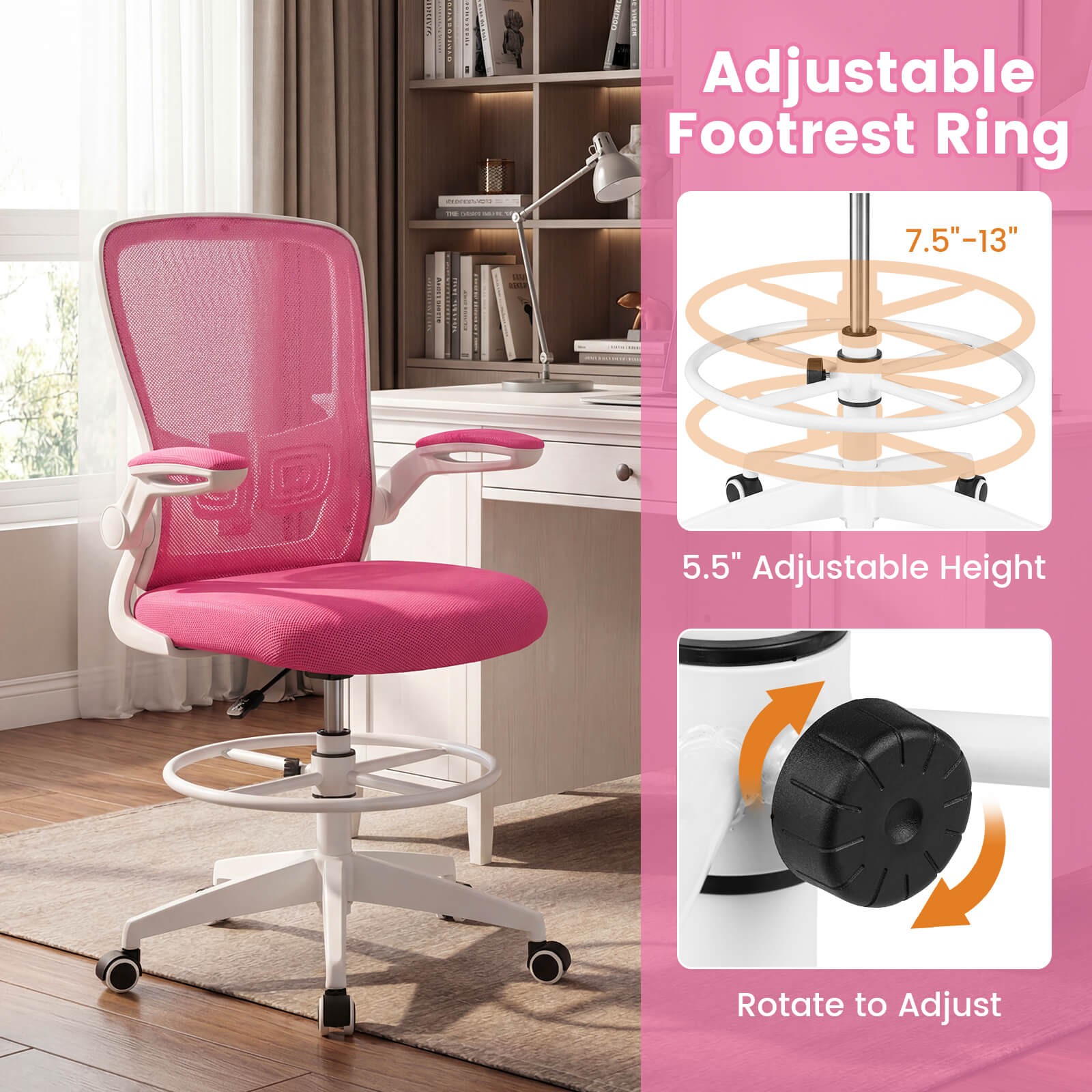 2PCS Home Office Drafting Chair w/Flip-Up Armrests Adjustable Footrest Ring