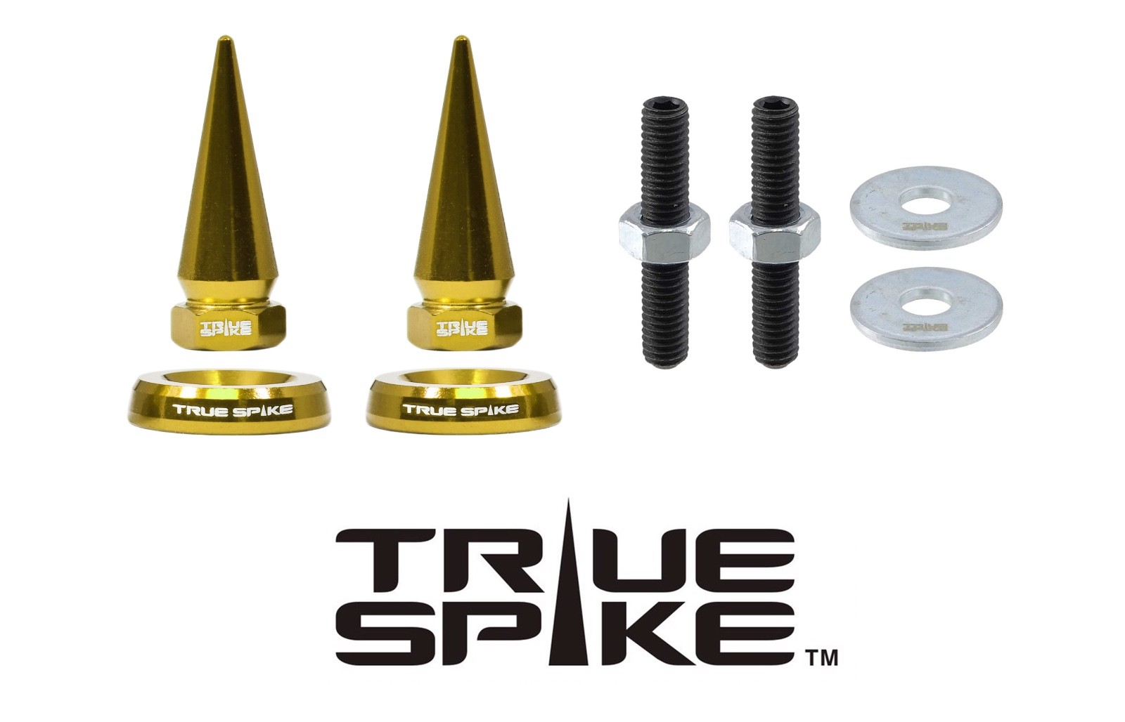 2 TRUE SPIKE GOLD SPIKED LICENSE PLATE FRAME BEAUTY WASHERS BOLTS HARDWARE KIT