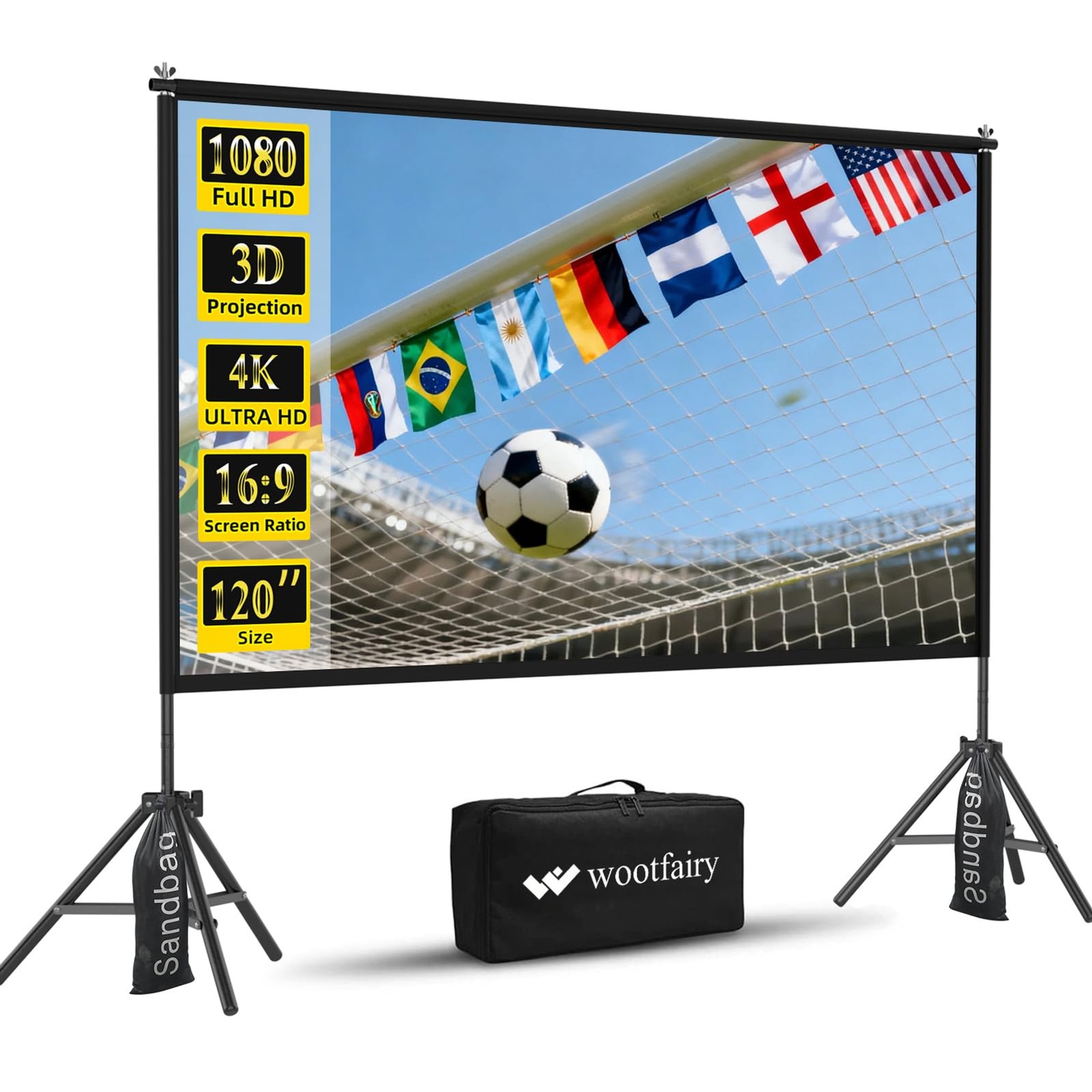 Wootfairy 120inch Projector Screen with Stand: Portable Wrinkle-Free Screen | Fo