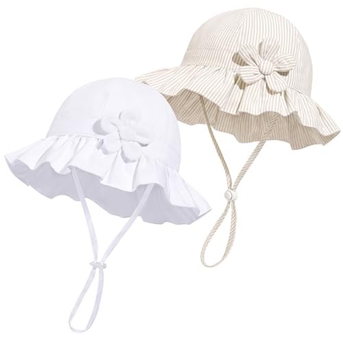 Baby Girl Wide Brim Bucket Hats with UPF 6-12 Months White & Beige Stripe -2pcs
