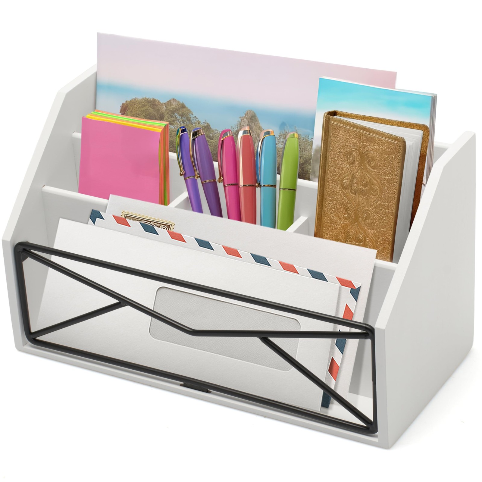 Bamboo Desk Organizer – White Powder-Coated Natural Bamboo Mail Organizer for...